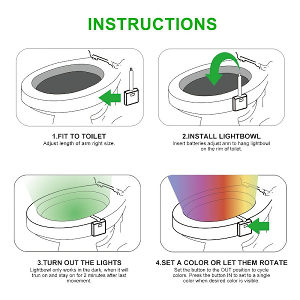 Toalett-Nattlampa - 8 Färgade LED, Rörelsesensor & Dimmer - F