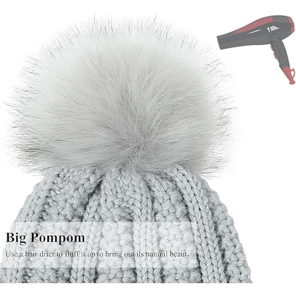 Vinter Beanie Hat til Kvinder med Satinfor og Kunstig Pels Pom Pom