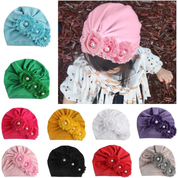 Babyflicka Huvudband Turban, Söt Baby Bomullsblomma Hatt Pärlor Barn