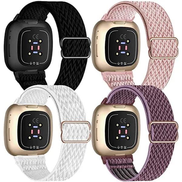 4-pack elastiskt nylonband kompatibelt med Fitbit Versa 3 / Fitbit Sense, justerbart elastiskt sportarmband för smartklocka