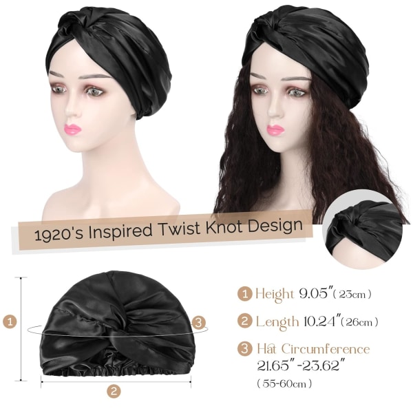 Svart Satin Bonnet Silke Bonnet Sovehette for Kvinner Hårpleie Justerbar Knyttet Turbanhatt for Krøllete Naturlig Hår Black