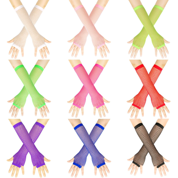 9 par fingerlösa Neon näthandskar för kvinnor och flickor 80-tal Pa