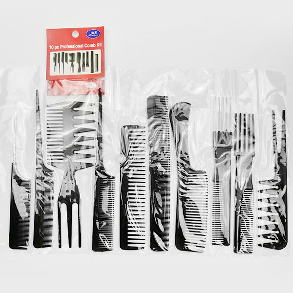 10-pack platta kammar i plast, svart set kammar skönhetsverktyg