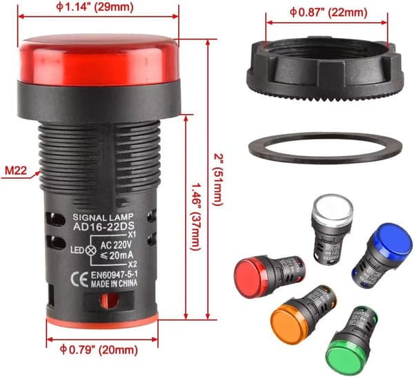 Sett med 5 lyse LED-indikatorlamper AD16-22D/S - 22 mm 220 VAC 2