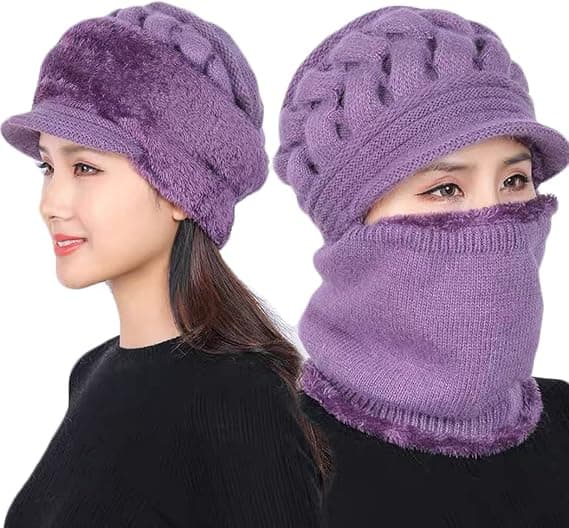 Fleeceforet Beanie Hat til Kvinder, Vinterhat Halsklæde Maske Sæt, Kvinder