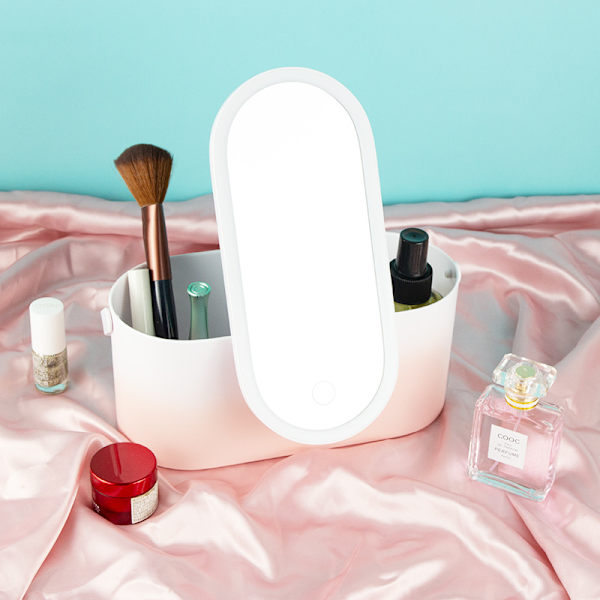 Makeup Organizer Box med Spejl og LED Lys - Bærbar Rejsemakeuptaske