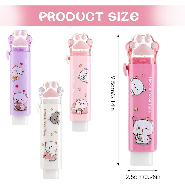 4 Pak Kattepote Tilbagetrækkende Viskelæder til Børn Kawaii Blyant Stil Vis