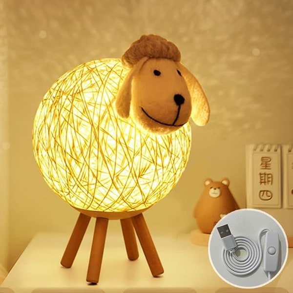 Osairous LED-natlys, fåre-rattan sengelampe, børneprojekt