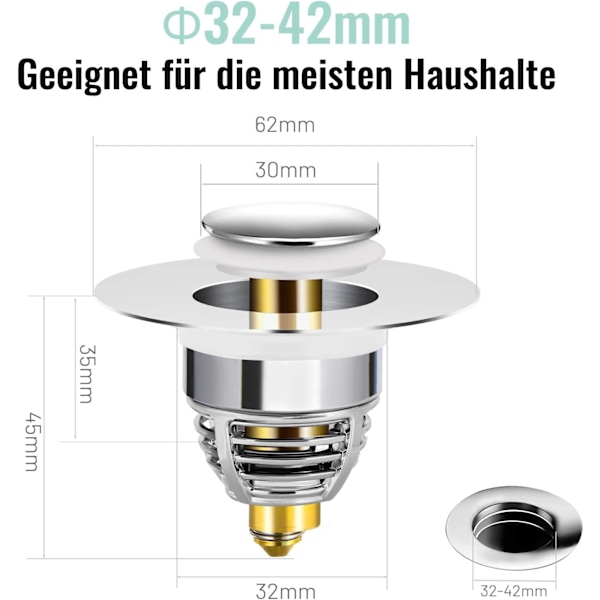 Universal Pop-Up Håndvask Aftapning, 2 Dele Anti-Tilstopning Aftapningsfilter, Rustfrit Stål og Ren Kobber Badekar Aftapning, Hårfilter Anti-Lugt til Huller fra 33 til 42mm
