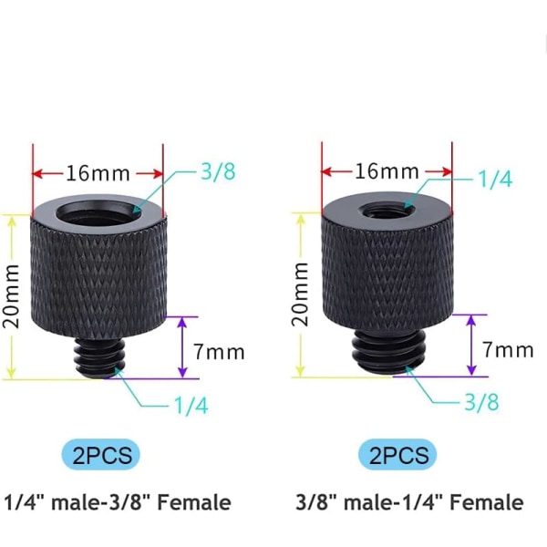 4 kpl Kamerakiinnitysruuviadapteria 1/4\" Uros - 3/8\" Naaras ja 3/8\" Uros