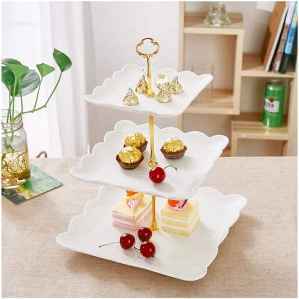 3-etagers Porcelæn Cupcake Stativ, Lagdelt Serveringskage Stativ, Kvadratisk