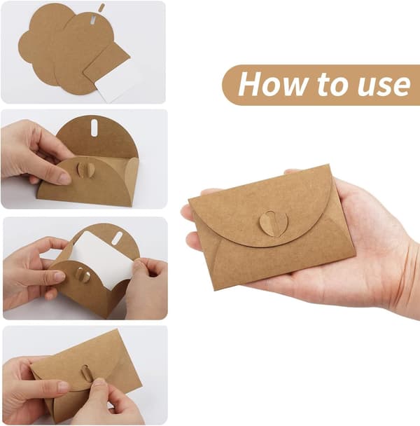 15 konvolutter i kraftpapir med 15 blanke kort, mini-konvolutter med hjerteformet lukking, for DIY graffiti gavekort