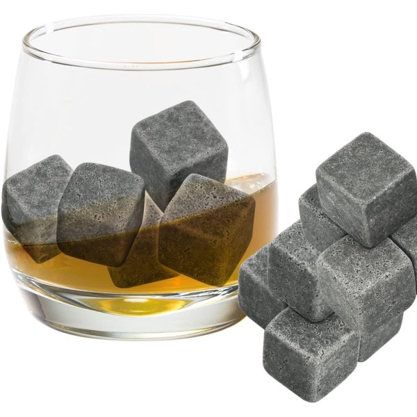 Sæt med 9 grå drikkestene [Chill Rocks] whiskysten til whisky og andre drikkevarer - i gaveæske med V