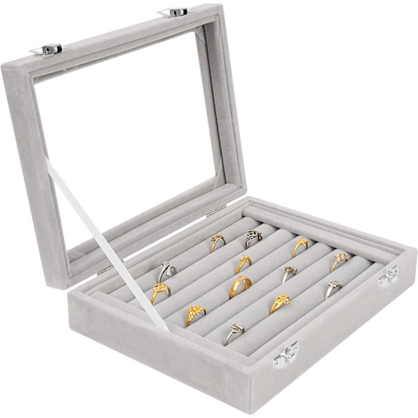Grå Fløjl Glas Ring Organiser, 7 Sektioner - Etui til Ringe, Cu
