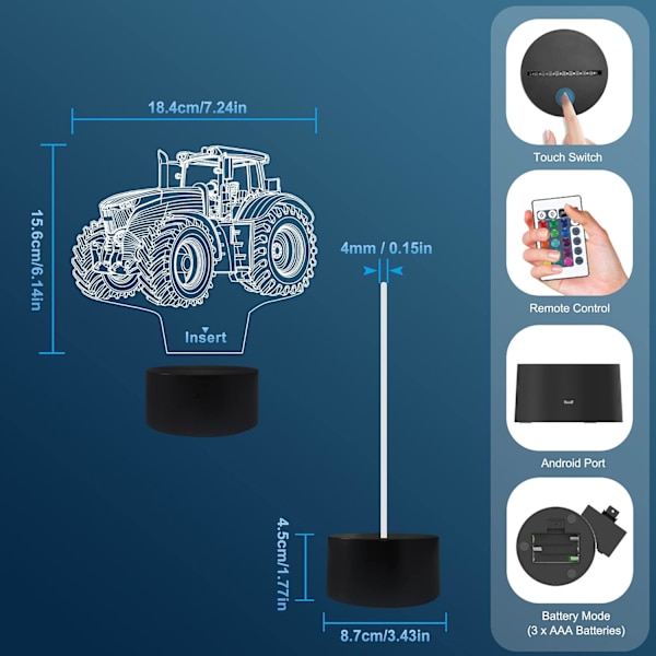 Traktor 3D Illusion Natlampe, Attivolife 16 Farveskiftende Dæmper