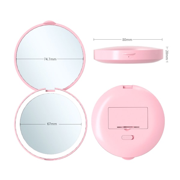 1 stk. LED-belyst rejsemakeup-spejl, 2x forstørrelse, kompakt, bærbar til håndtaske, pung, lomme, foldbar, håndholdt