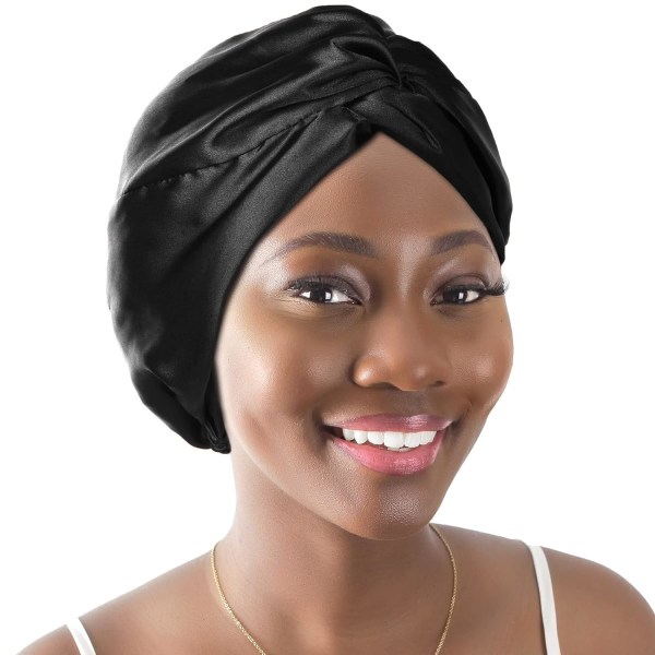 Svart satinhuv Silke cap för kvinnor Hårvård Justerbar knuten turbanhatt för lockigt naturligt hår Black