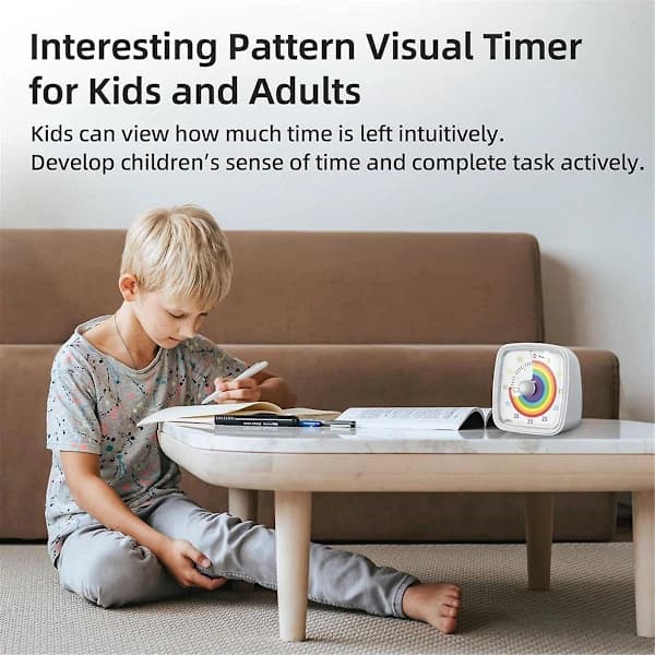 60-minutters visuell timer med nattlys, nedtellingstimer, Pomodoro-timer med regnbue mønster for barn og voksne BY White