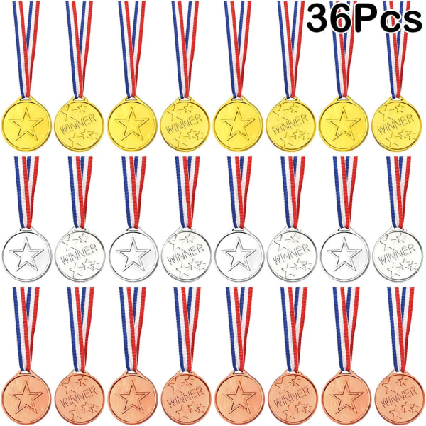 36 stycken vinnarmedaljer för barn i plast guld silver och brons  DXGHC