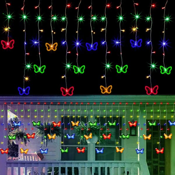 Gardinslynge med sommerfugl-lys 4,5 meter 120 LED USB-lys