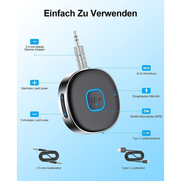 Bil Bluetooth AUX-adapter, Trådløs Bluetooth 5.0-mottaker for bil, E