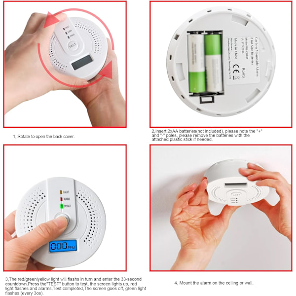 Kulmonoxiddetektor, batteridrevet CO-alarmdetektor med høj nøjagtighed og digitalt display til hjemmekøkken