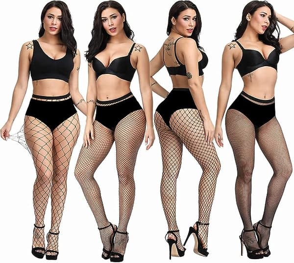 4-pak Plus Size Fiskenet Strømper, Sorte Fiskenet Strømper Lårstrømper