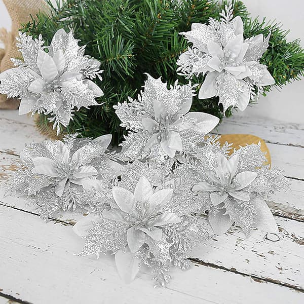 12 stk. Kunstige Juleblomster, Glitter Juleblomster til