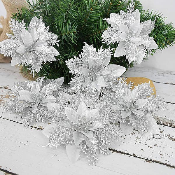 12 stk Kunstige Julerosa Blomster, Glitter Julerosa Blomster for
