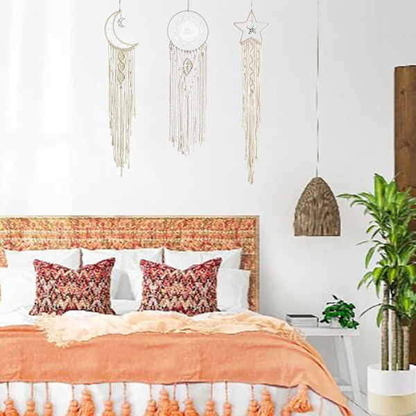 3-delad drömfångare väggbonad i macramé, boho väggdekoration sol måne