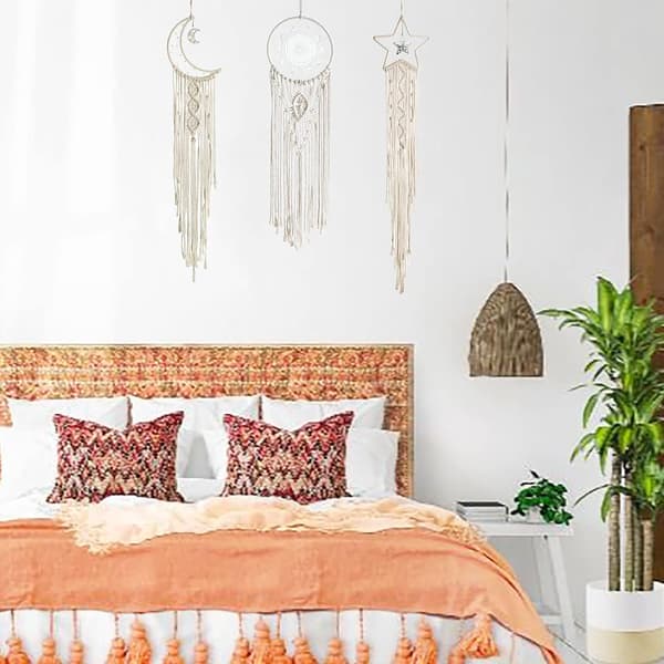 3-delt Drømmesnapper Makrame Væghængning Boho Vægdekoration Sol Måne