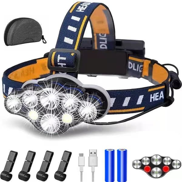 Hodelykt, 2000 Lumen Kraftig Hodelykt, 8 LED 8 Moduser Oppladbar