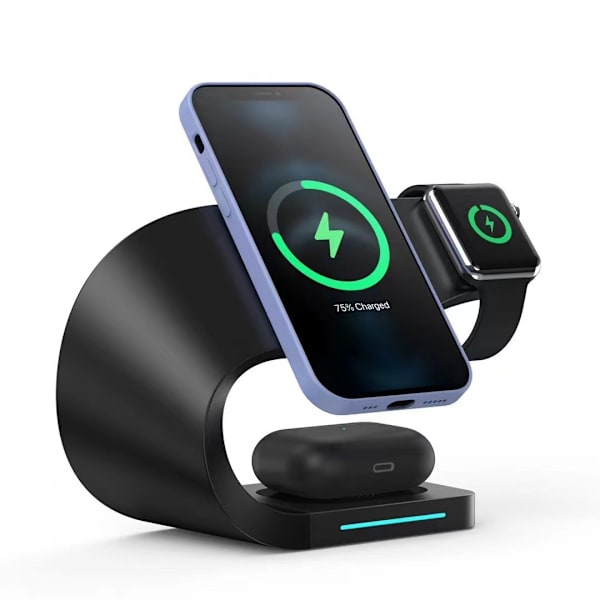 （Sort）4 i 1 Trådløs Oplader Smart Station Til Apple Serie Iph