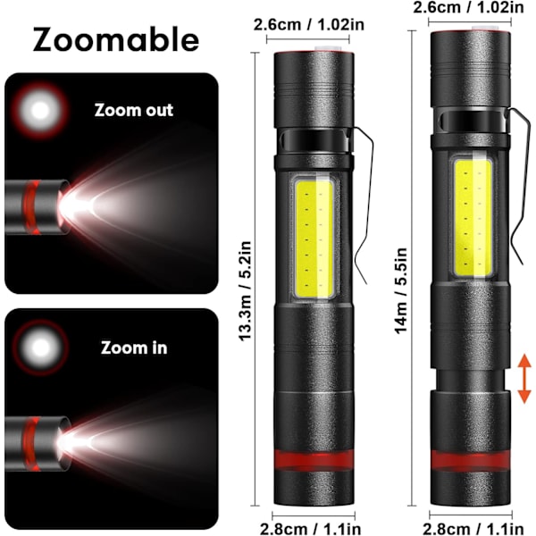 Mini LED Lommelygte 2 stk., Stålclips & COB Lille Lommelygter USB R