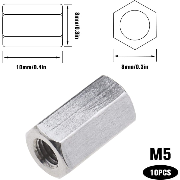 10 kpl kuusiokoloinen ruuviyhdistinsetti M5x8x10mm suora jatkeet lanka