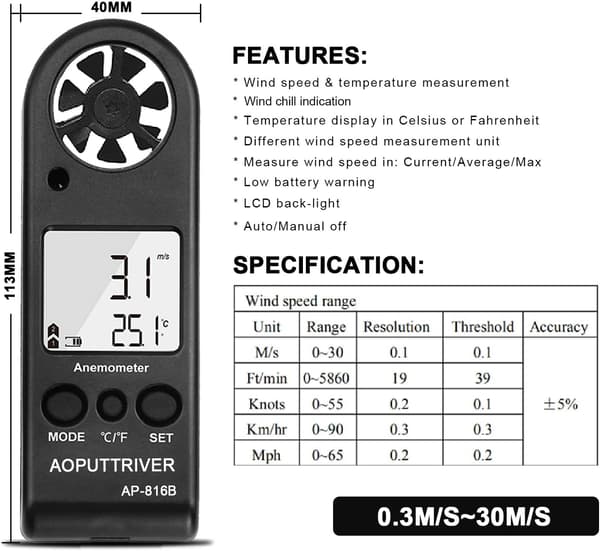 Håndholdt digital anemometer til måling af vindhastighed, måling af w