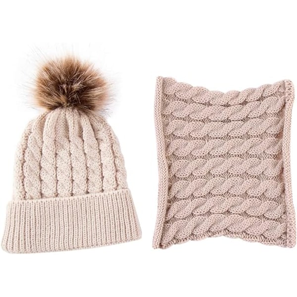 2 stk. Strikket lue og skjerf til småbarn, vintervarm beanie med pompom