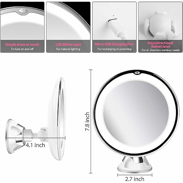10X forstørrende oplyst makeup spejl, 360 graders rotation, kraftig sugekop låsbar ledningsfri forfængelighedsspejl (batteri