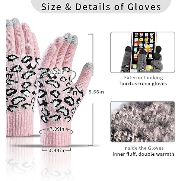 Leopard Beanie Hat, Halsklæde og Touch Screen Handsker Sæt med Pompom til Kvinder