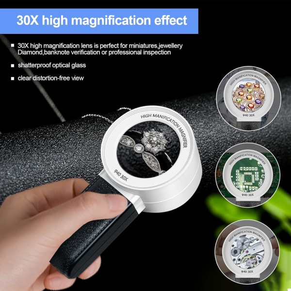 30X Förstoringsglas med 3 LED-lampor och UV-ljus, Repskydd