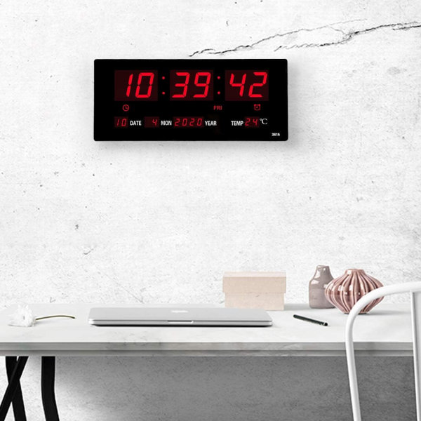 14,1 tuuman ylisuuri LED-digitaalinen seinäkello/kalenteri, suuri näyttö sisälämpötilan, päivämäärän ja viikonpäivän kanssa, sähkökäyttöinen