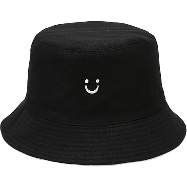 Blommig Vändbar Bucket Hat i Bomull för Sommarresor, Strand och Sol - Broderad för Kvinnor och Män (Svart)