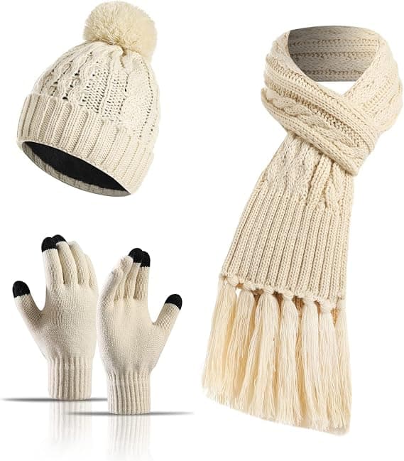 Färgglad Beaniehatt, Halsduk och Pekskärmvantar med Pompom