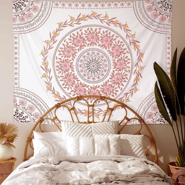Mandala-veggteppe, Boho-veggteppe, Rosa Blomster