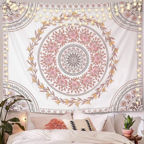 Mandala-veggteppe, Boho-veggteppe, Rosa Blomster