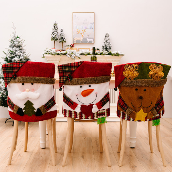 3 st julstolsryggar för matsal, tomte snögubbe