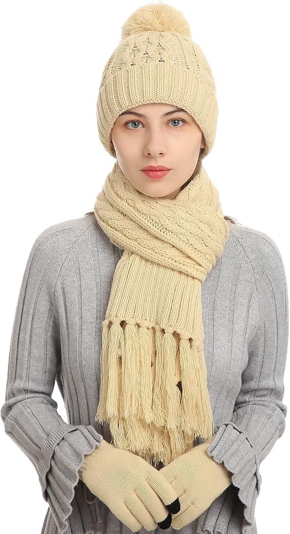 Färgglad Beaniehatt, Halsduk och Pekskärmvantar med Pompom
