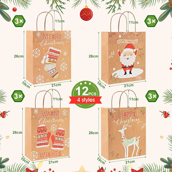 Sæt med 12 Papirgaveposer med Håndtag Juleposer - 26c DXGHC