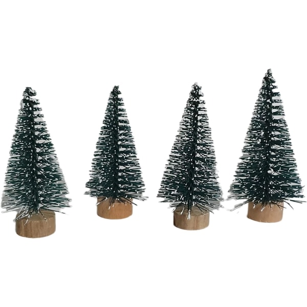 Sæt med 4 mini plastik juletræer med træfod og sne H