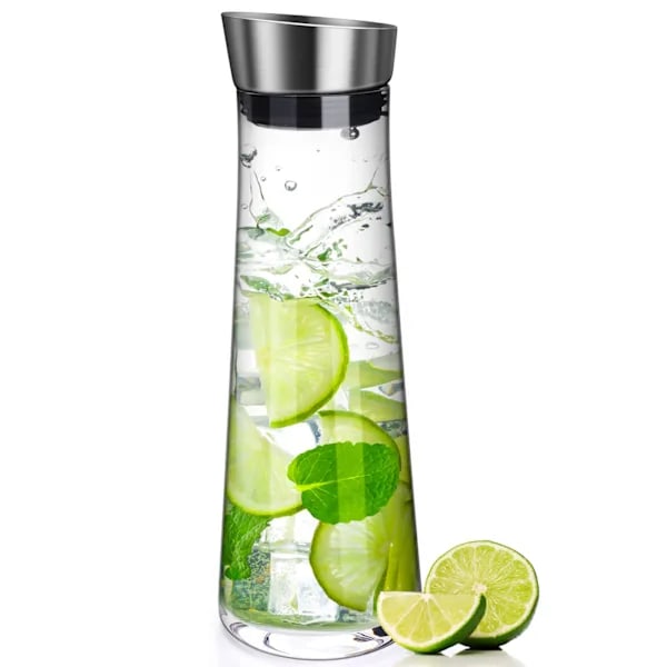 Glaskaraff, 1 liter läckagesäker glaskaraff med rostfritt stållock för vatten, mjölk, juice och lemonad